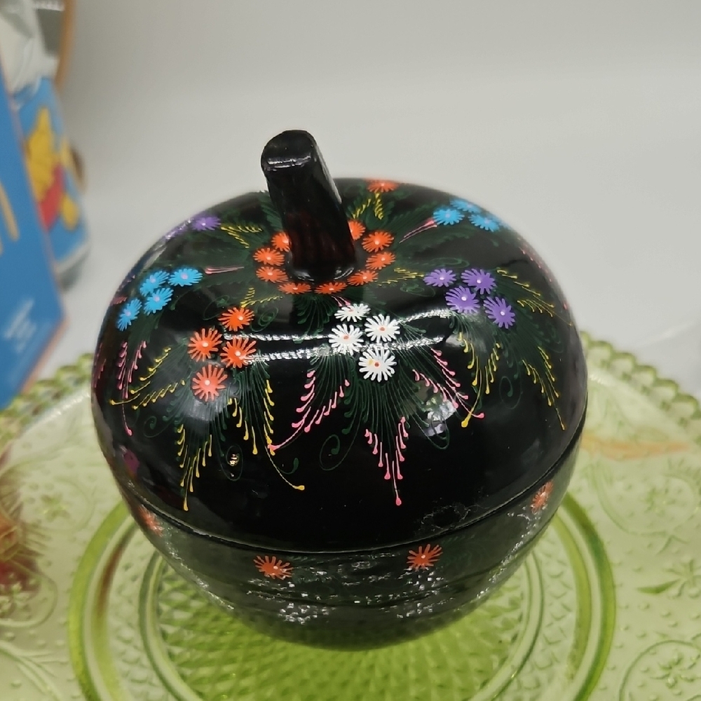 Black Floral Decorative Apple Paper Mache Box